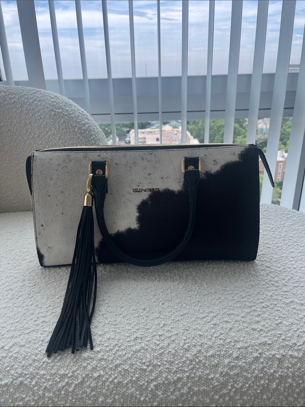 Kelly Tooke Black and White Haircalf Satchel with Tassel Accent